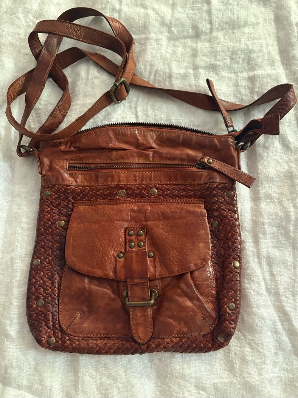 Woven Trim Tan Leather Crossbody Bag